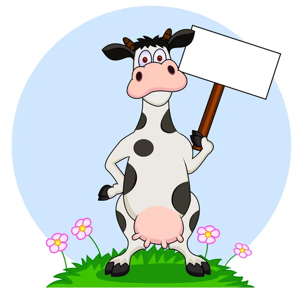 Cartone animato di mucca con segno bianco — Vettoriale Stock