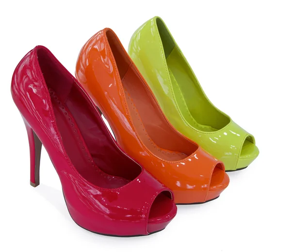 Trzy kolorowe buty kobiet — Zdjęcie stockowe