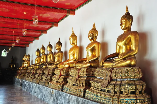 Goldene sitzende Buddha-Statuen in wat pho — Stockfoto