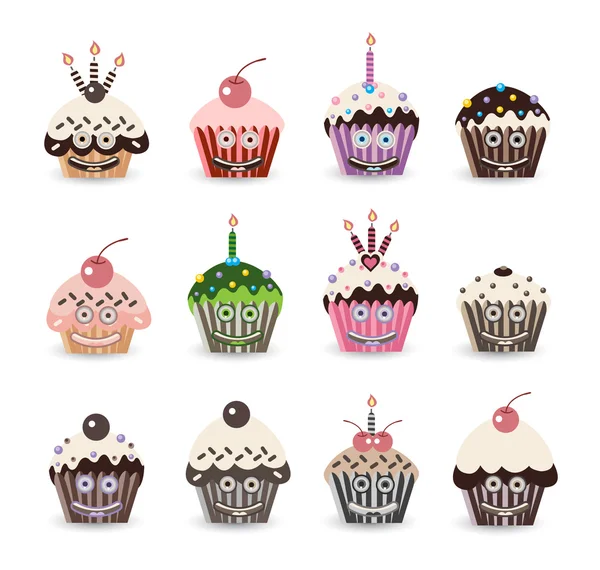 Cupcake engraçado do sorriso para o aniversário com velas do número —  Vetores de Stock