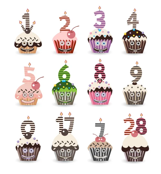 Sayı mumlarla doğum için komik bir gülümseme cupcake — Stok Vektör