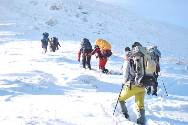 冬の山でのハイキングします。 — ストック写真