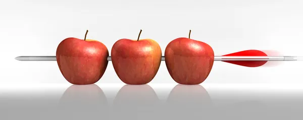 Pijl drie appels een hit in wit — Stockfoto