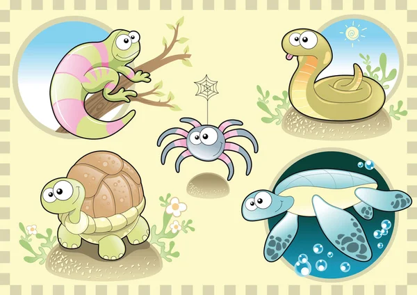 Reptiles and Spider Family, with Background — Stock Vector