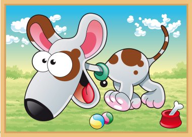 Dog is running in meadow with his toys clipart