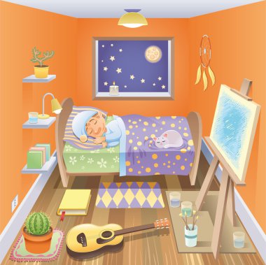 Boy is sleeping in his bedroom. clipart