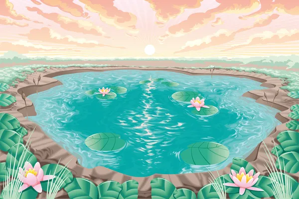卡通池塘与莲花 — 图库矢量图片