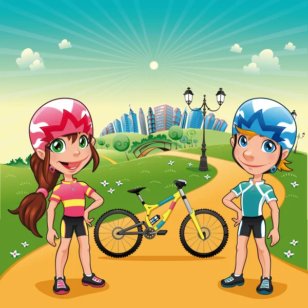 Park with young bikers. — Stock Vector