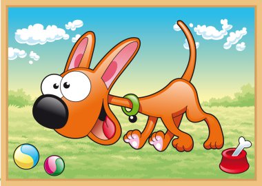 Dog is running in meadow with his toys clipart