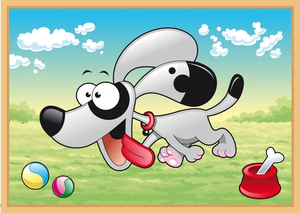狗跑在草地上与他的玩具 — 图库矢量图片