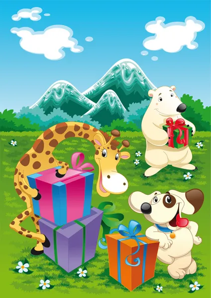 Animals and gifts with background. — Stock Vector