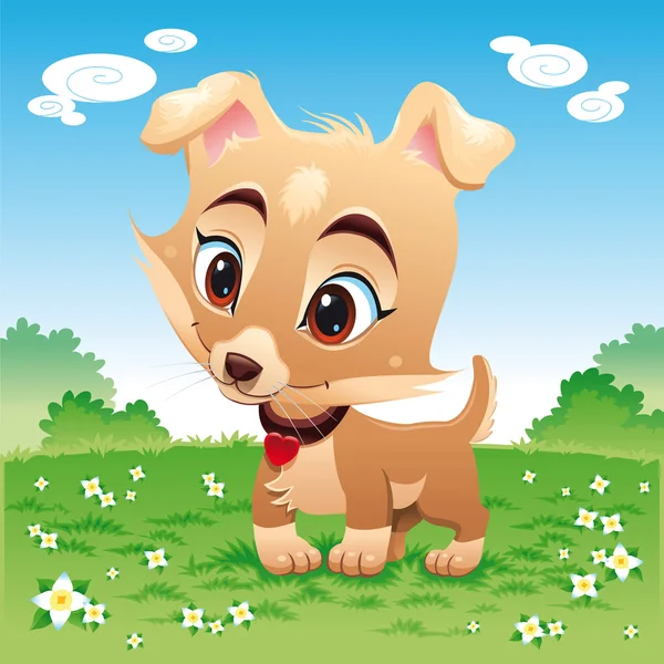 Bebé perro en el prado . — Vector de stock