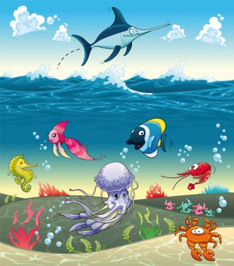 Under the sea with fish and other animals. clipart