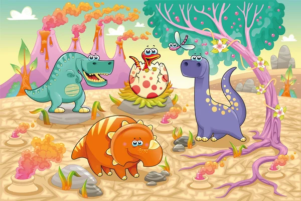 Gruppo di dinosauri divertenti in un paesaggio preistorico . — Vettoriale Stock