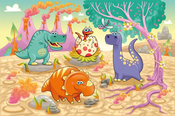 Kelompok dinosaurus lucu dalam lanskap prasejarah . Stok Ilustrasi Bebas Royalti