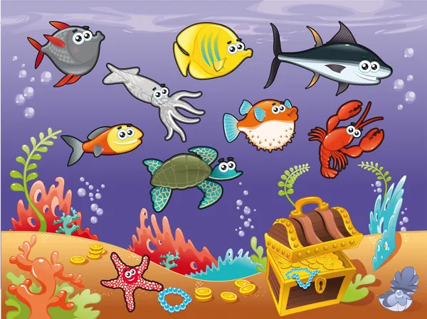 Οικογένεια αστείο ψαριών κάτω από τη θάλασσα. — Διανυσματικό Αρχείο