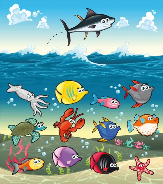 Family of funny fish under the sea. — Stock Vector