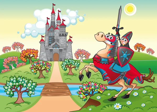Panorama con castillo medieval y caballero — Vector de stock