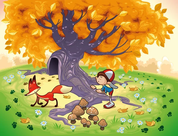 男孩和狐狸在木. — 图库矢量图片