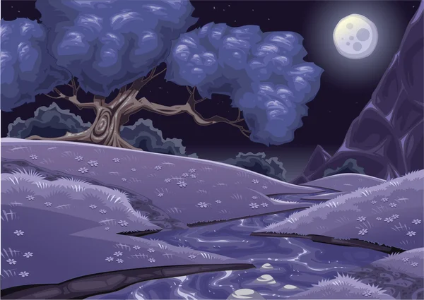 Cartoon nightly landscape with stream. — Stock Vector