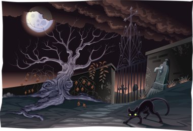Black cat and cemetery in the night. clipart