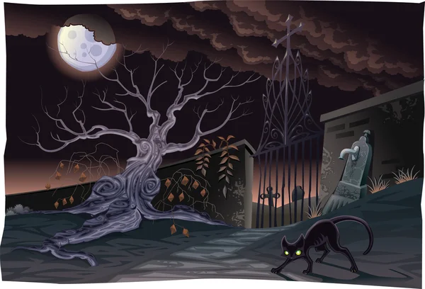 Chat noir et cimetière dans la nuit . — Image vectorielle