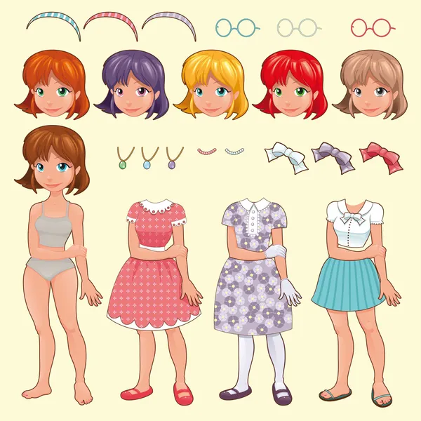 Kvinnliga avatar med olika klänningar och objekt. — Stock vektor