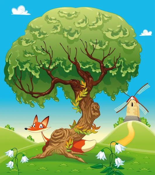 Paysage avec renard derrière l'arbre . — Image vectorielle
