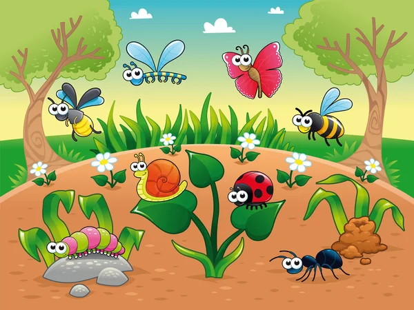 Bugs + 1 snail with background. — Stock Vector