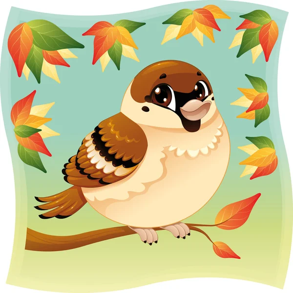 Funny little sparrow på en gren. — Stock vektor