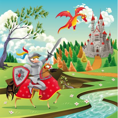 Panorama with medieval castle, dragon and knight. clipart