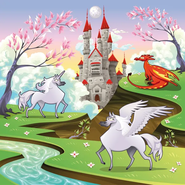 Pegaso, unicornio y dragón en un paisaje mitológico . — Vector de stock