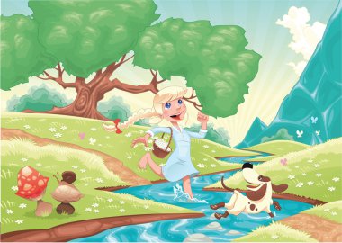 Young girl is running with dog in the nature. clipart