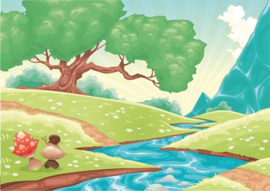 Cartoon landscape with stream. clipart