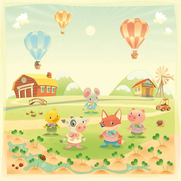 Baby farm animals in the countryside. — Stock Vector