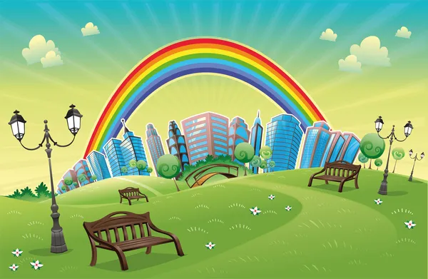 Parque con arco iris . — Vector de stock