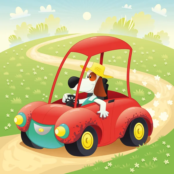 Divertido perro en un coche . — Vector de stock