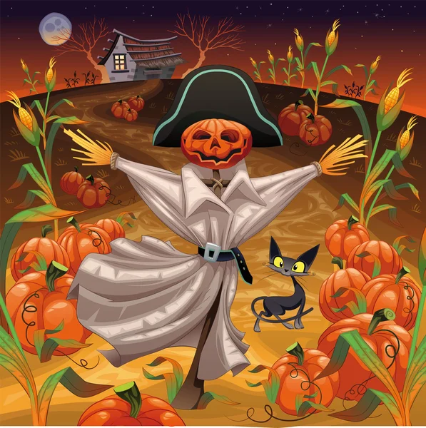 Scarecrow met pumpkins. — Stockvector