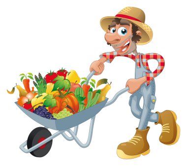 Peasant with wheelbarrow, vegetables and fruits. clipart