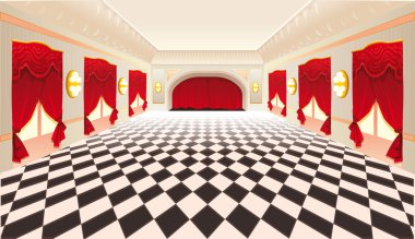 Interior with red curtains and tiled floor. clipart