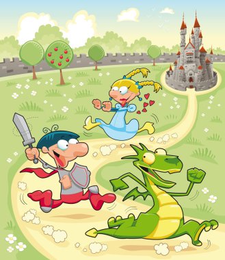 Dragon, Prince and Princess with background. clipart