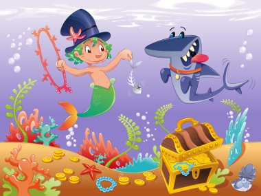 Triton with shark with background. clipart