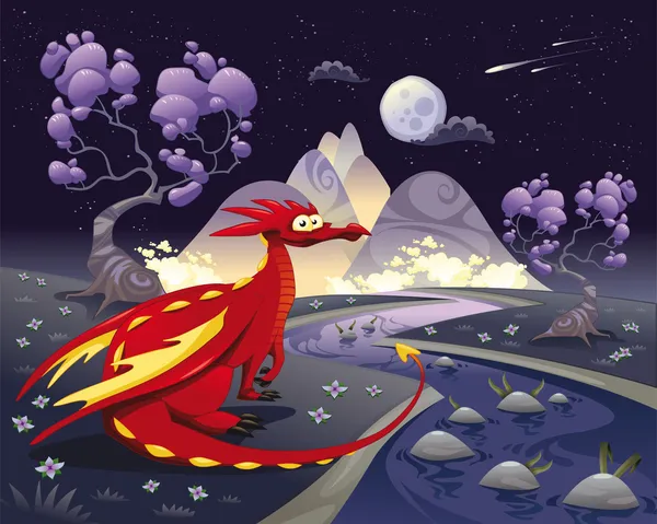 Dragon in landscape in the night. — Stock Vector