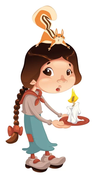 Young girl with squirrel and candle. — Stock Vector
