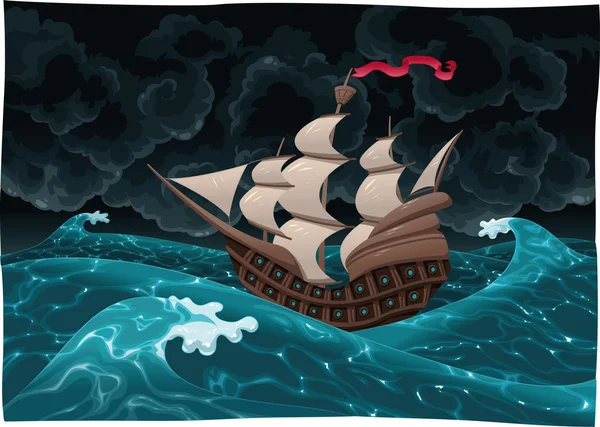 嵐の海のガレオン船. — ストックベクタ