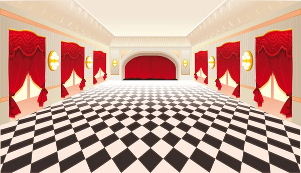 Interior with red curtains and tiled floor. — Stock Vector