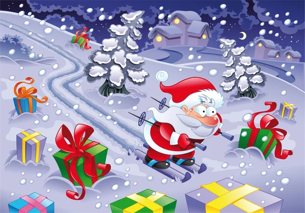 圣诞老人在夜间滑雪. — 图库矢量图片