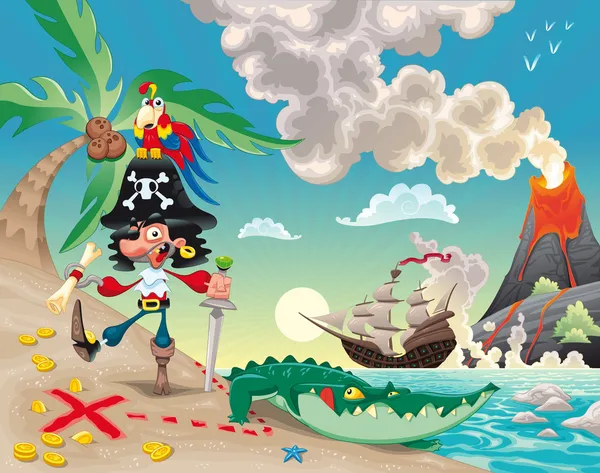 Pirata en la isla . — Vector de stock