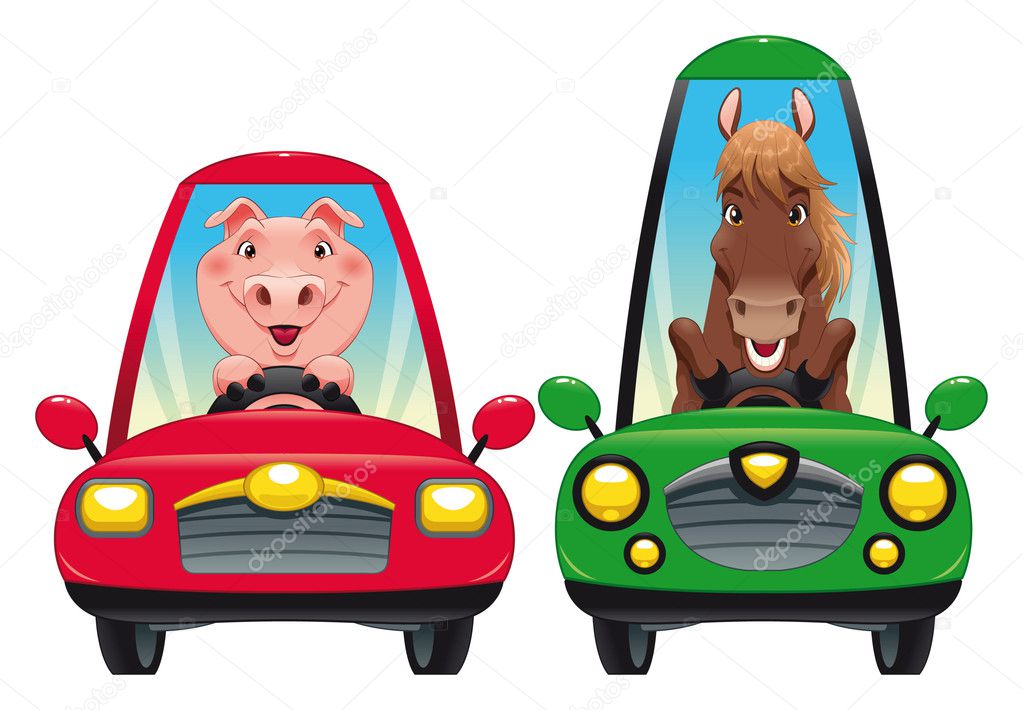 Animals in the car: Pig and Horse.