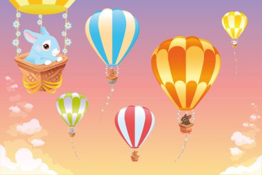 Hot air balloons in the sky with bunny clipart